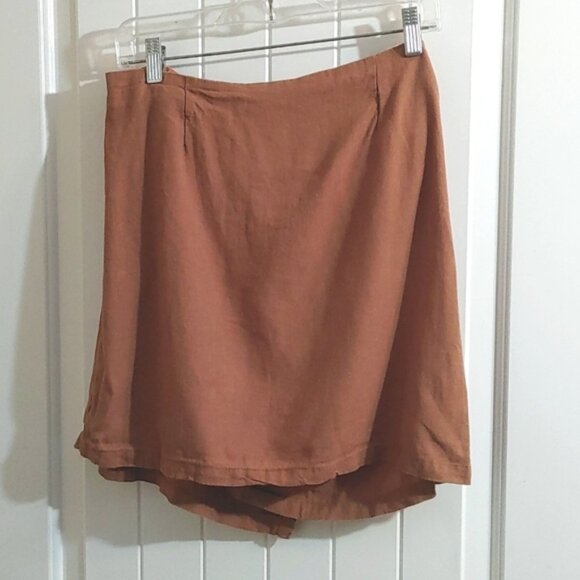 Brown Women's linen natural style wrap skirt with belt buckle size 12 - Picture 1 of 7